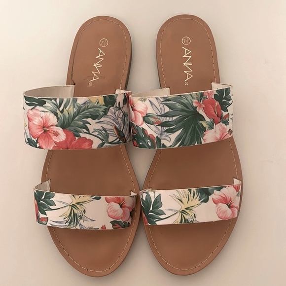 Anna Shoes - Anna Double Band Tropical Floral Print Slide Sandal